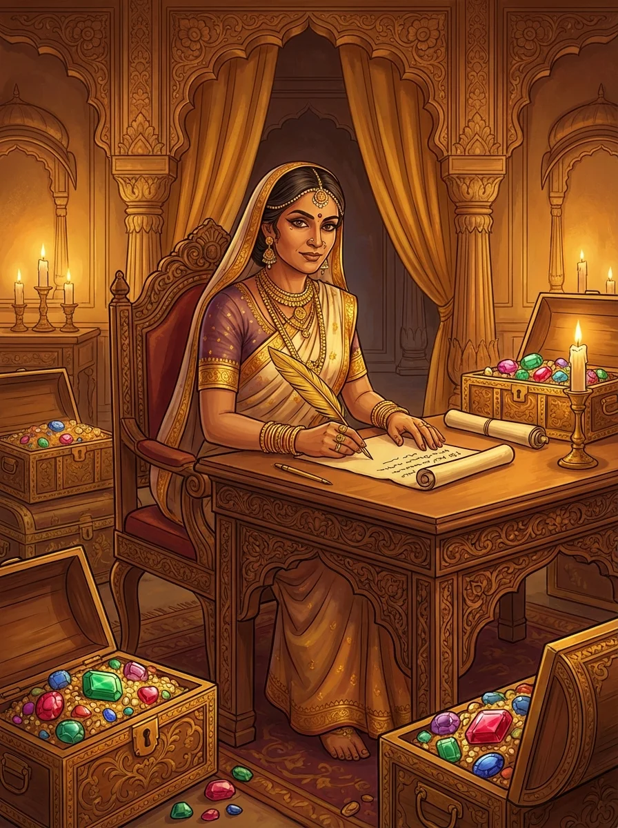 Ancient Indian queen in ornate royal chamber, sitting at an intricately carved wooden desk, writing on a scroll with a golden quill. Surrounding her are treasure chests overflowing with colorful gemstones (ratnas) - rubies, emeralds, sapphires. Warm candlelight illuminates the scene. The queen wears traditional Manipuri royal attire with gold jewelry. Her expression is wise and mysterious. Art style: Detailed illustration with rich Indian aesthetic, warm color palette dominated by gold, amber, and jewel tones.